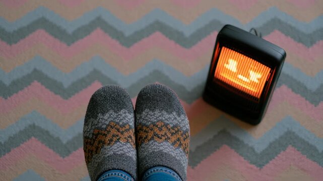 Cozy feet in patterned socks positioned near a small electric heater on a colorful zigzag rug, creating a warm and inviting indoor atmosphere