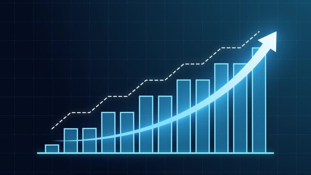 Blue business bar chart with rising curved arrow and dashed trend line. Symbolizing strong revenue growth, financial performance, forecasting, and growing business success