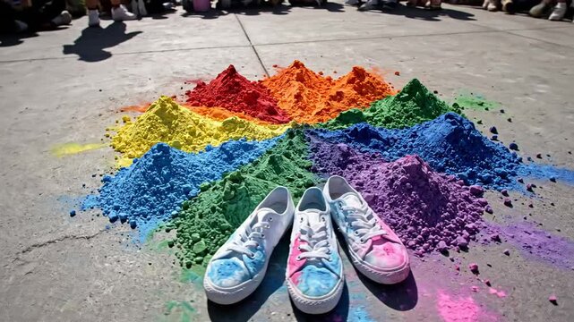 Vibrant rainbow gulal color powder piles next to stained sneakers during the festive indian holi celebration tradition