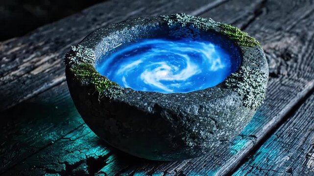 Mystical glowing blue potion in ancient stone bowl on dark wood