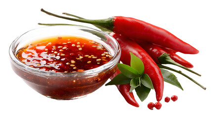 Spicy chili sauce in a bowl with fresh red chilies isolated on transparent background