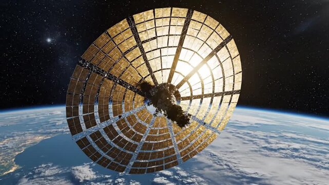 Golden circular solar array satellite orbiting Earth sunlight above horizon, solar sail spacecraft gliding space with reflective panels