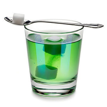Absinthe Ritual: Sugar Cube Melting into Green Spirit with Spoon on Glass Rim, Studio Shot on White Background