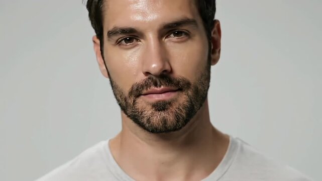 Captivating headshot of a handsome bearded male model showcasing impeccable glass skin, exuding a confident, modern, and polished aesthetic ideal for contemporary media and advertising visuals