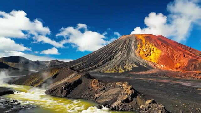 Active volcano erupting with yellowish river flowing in volcanic landscape