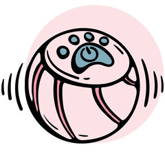 Interactive smart ball toy icon for cats and dogs, automatic vibrating pet play gadget with power button, vector hand drawn doodle.