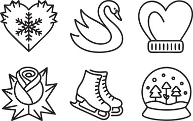 Obraz premium Winter heart swan ice skates rose snowflake and snow globe line art icons