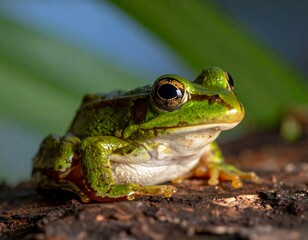 A close-up view captures a vibrantly colored amphibian. The green frog sits on wood, showcasing details. The background is soft