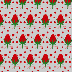 seamless pattern with red roses and petals