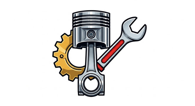 Automotive Piston Engine Part with Wrench and Gear.
