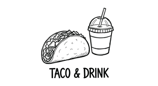 Vector taco and drink illustration, taco and soda cup with straw, Mexican food icon, for menu or restaurant use, Isolated on transparent background, png