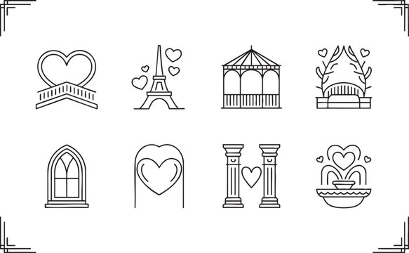 Romantic Paris landmarks bridge gazebo wedding architecture and hearts line art icons