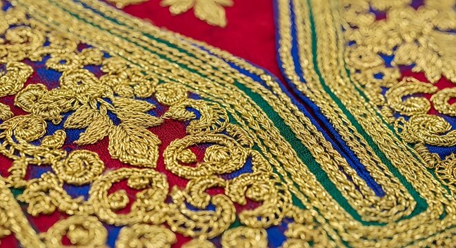 Macro of traditional Emirati gold embroidered fabric