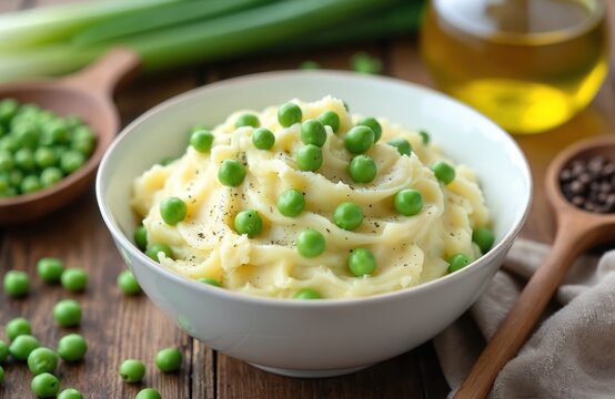 Creamy mashed potatoes topped with bright green peas served in white bowl on wooden table. Side dish prepared with fresh ingredients offers healthy meal option.