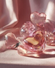 Dreamy Pink Crystal Hearts Glowing on Soft Peach Fabric.
