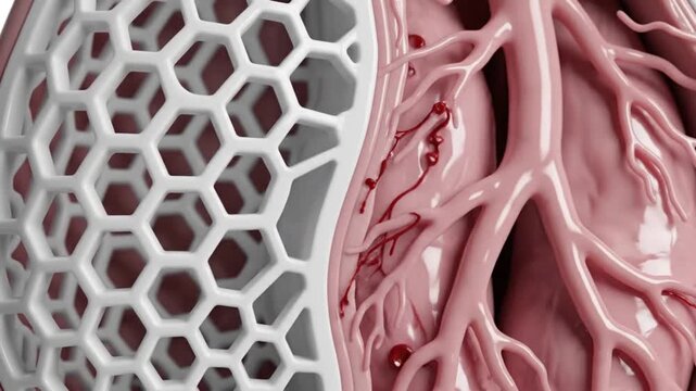 Pink vascular network honeycomb biomaterial organic artery vein porous lattice glossy implant surgical detail clinical dramatic mood evoking contrast
