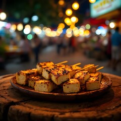 Paneer tikka skewers grilled, served on a plate outdoors, night market ambiance, warm bokeh lights, ultra realistic