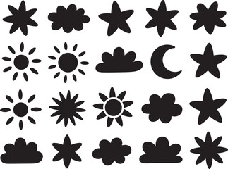 Fototapeta premium Weather and Celestial Silhouette Icons Vector Set with Sun Moon Stars and Clouds for Interface and Stationery Graphic Design