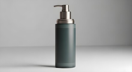 A dark green bottle with a silver pump dispenser on a plain background
