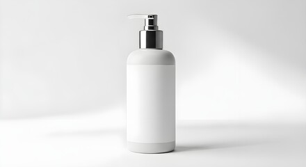 A white cosmetic bottle with a silver pump on a clean white background