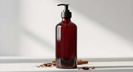 A dark red bottle of body wash or shampoo on a white surface with scattered seeds