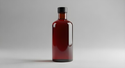 A bottle of red wine with a black cap on a plain background