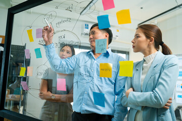 Group of young asian creative business brain storm meeting presentation,discussing roadmap to...