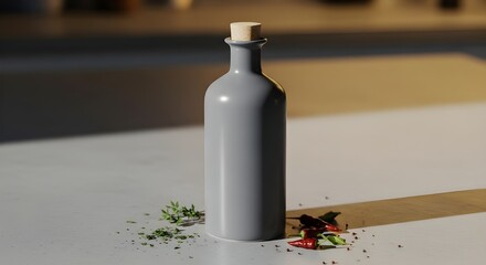 A gray bottle with a cork stopper on a table with herbs and spices