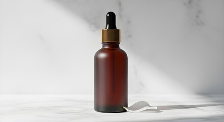 A brown glass dropper bottle on a white surface with soft lighting
