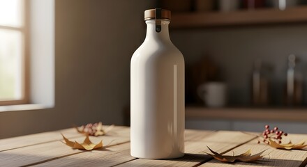 A white wine bottle on a wooden table with leaves and a blurred background