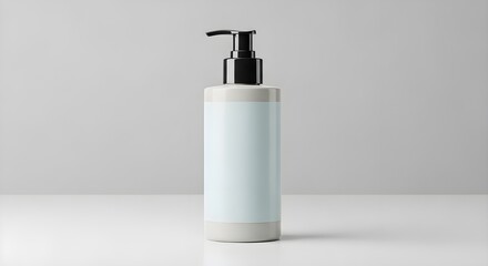 A white cylindrical bottle with a black pump dispenser on a clean surface