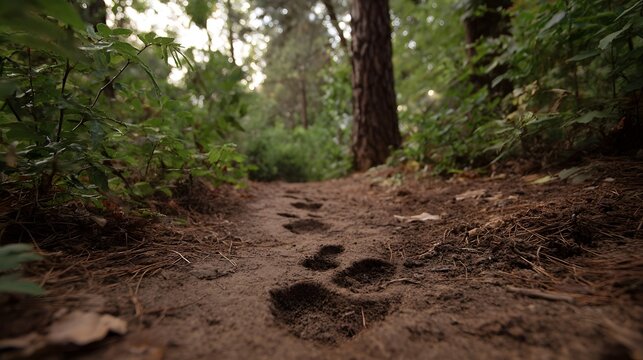 Animal paw prints pressed into the dirt on a forest path viewed from a low angle