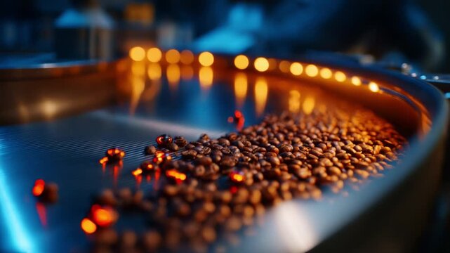 A Close-Up View of Roasted Coffee Beans on a Conveyor Belt, Capturing the Rich Aroma and Visual Appeal of Freshly Processed Coffee Production