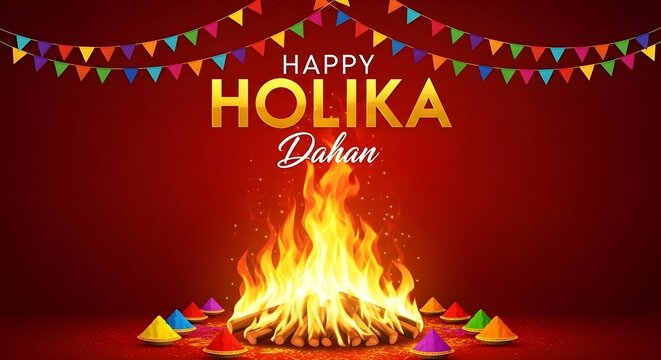 Vibrant holika dahan celebration with fire and colorful decorations