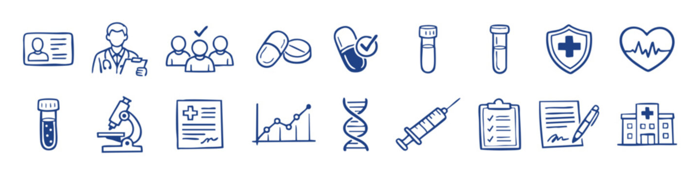 Set of hand-drawn medical and healthcare icons in doodle style. Vector illustrations for clinical research, laboratory, pharmacy, and hospital themes.