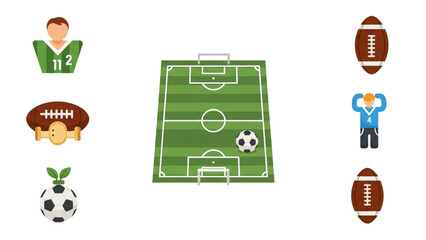 Sports equipment and athletes surrounding a soccer field with various balls and icons © Stock Image Paradise