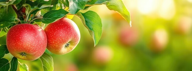 Obraz premium Two ripe apples hang on a tree branch, surrounded by lush green leaves and a soft, blurred background, suggesting a serene orchard setting.