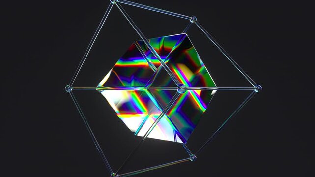 Abstract 4K animation of a rotating glass atom array cube with iridescent dispersion and refraction. Seamless loop of futuristic molecular structure for science, quantum tech and medical research.
