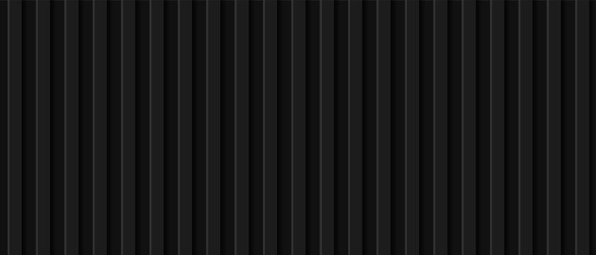 Black corrugated metal background, texture of steel or plastic panel for container, roof, house. Seamless vertical siding pattern, metal sheet, black facade cladding, garage wall. Vector illustration