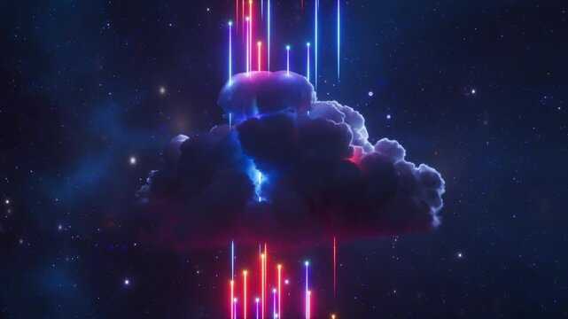 Vertical rainbow neon bars pass through a dark cloud as starfields shimmer; unique space backdrop for music or VJ. 3D render motion.