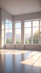 Fototapeta premium Bright, empty room, natural light streams through tall windows with a view of trees and mountains