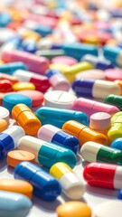 Varied colorful pills and capsules scattered on a bright surface