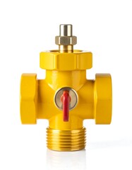 Yellow metal T-shaped valve with red handle, brass connector, and threaded base on a white background