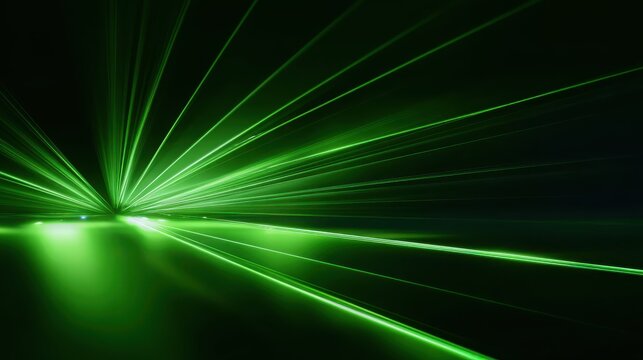 Dynamic background of fast moving green light with motion blur and stripes, for tech visual, design
