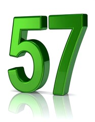 Green glossy '57' number, reflective floor, white background, simple render