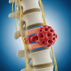 Medical illustration of a spinal vertebra with a tumor growth