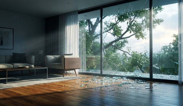 Modern living room with a shattered glass sliding door, scattering broken shards on the wooden floor after an accident or disaster.