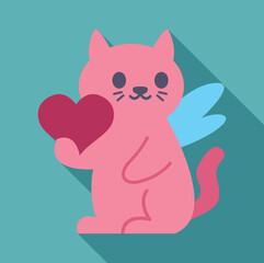 Obraz premium Cute pink cat with angel wings holding a red heart, embodying love and affection