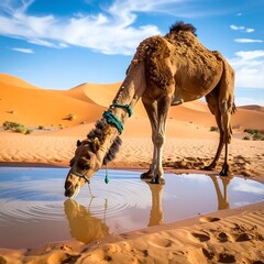 Thirsty camel drinking from oasis, reflecting in still water, sandy dunes, and sky
