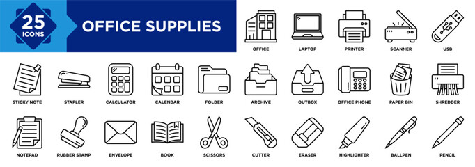 Office Supplies icon collection set. Containing Laptop, Printer, Scanner, USB, Outbox, Shredder, Paper Bin, Office, Archive, Folder icon